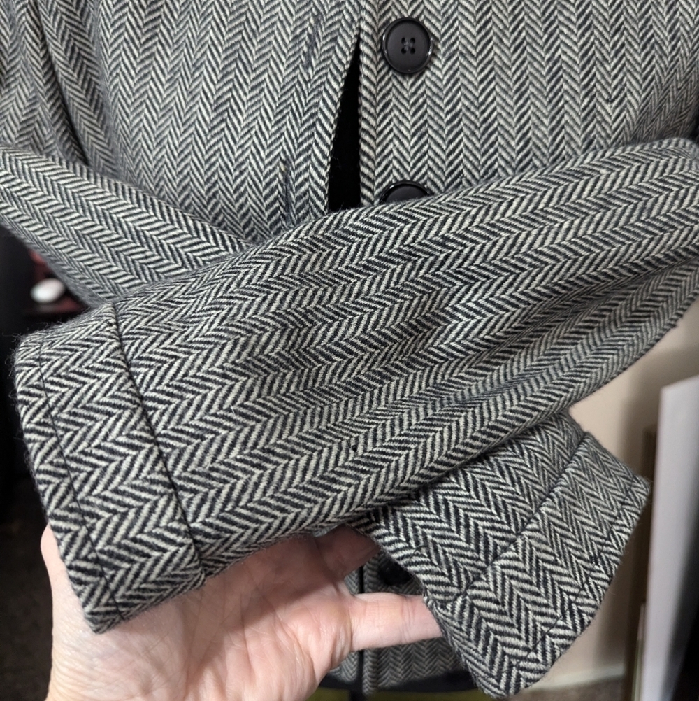 Vintage 80s Cashmere Wool Herringbone Puff Shoulder Cropped Jacket Sz 4 - Picture 14 of 15